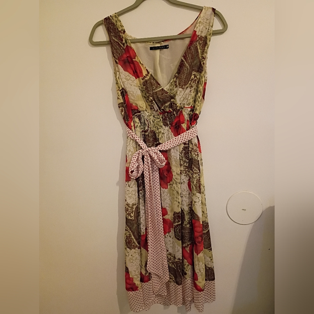 Tempo Paris Women's Artsy Floral Sleeveless Dress with Red Accents Sz M